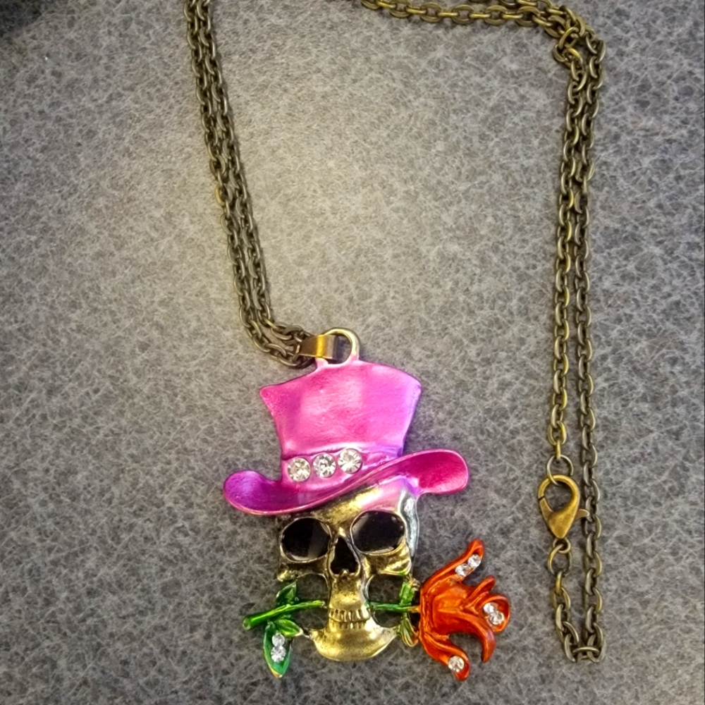 Vintage Diamond Skull Rose Necklace
